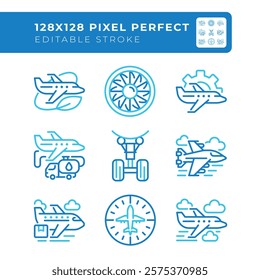 Aviation industry two color line icons set. Air travel. Aircraft operations. Business and cargo aircraft. Bicolor outline iconset isolated. Duotone pictograms thin linear. Editable stroke