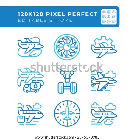 Aviation industry two color line icons set. Air travel. Aircraft operations. Business and cargo aircraft. Bicolor outline iconset isolated. Duotone pictograms thin linear. Editable stroke