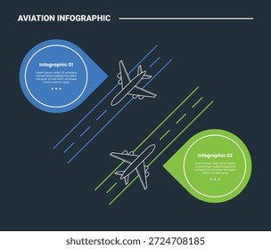 aviation infographic process diagram with plane runway landing strip top view with speech bubble discussion box with dark background bright outline style 2 points vector