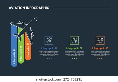 Luftverkehr Infografik-Prozessdiagramm mit ebener Draufsicht mit langem runden Rechteck fallen hinter und quadratischen Box Inhalt horizontal dunklen Hintergrund hellen Umriss Stil 3 Punkte Vektor