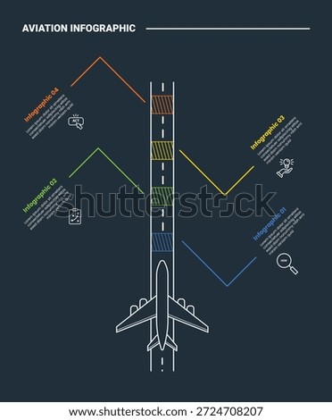 aviation infographic process diagram with plane runway landing strip with line pointer on vertical direction with dark background bright outline style 4 points vector