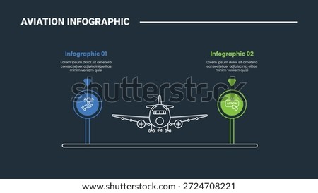 aviation infographic process diagram with plane front view with circle opposite comparison direction with dark background bright outline style 2 points vector