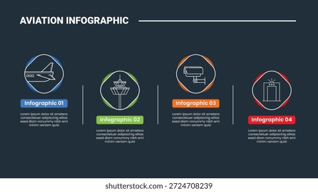 Diagrama de proceso de infografía de aviación con rombo redondo Horizontal hacia arriba y hacia abajo con fondo oscuro Estilo de contorno brillante Vector de 4 puntos