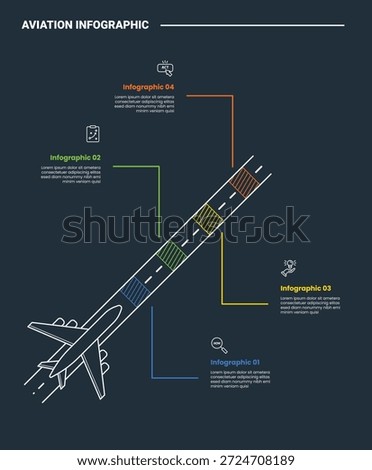 aviation infographic process diagram with runway plane with skew direction and line pointer with dark background bright outline style 4 points vector