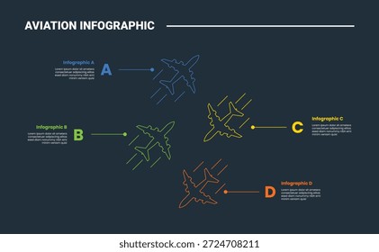 Diagrama de proceso de infografía de aviación con plano Pequeño volando en dirección opuesta con fondo oscuro Estilo de contorno brillante Vector de 4 puntos