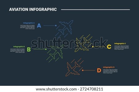 aviation infographic process diagram with small plane flying around opposite direction with dark background bright outline style 4 points vector