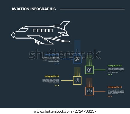 aviation infographic process diagram with small plane side view with vertical content stacked list with dark background bright outline style 4 points vector