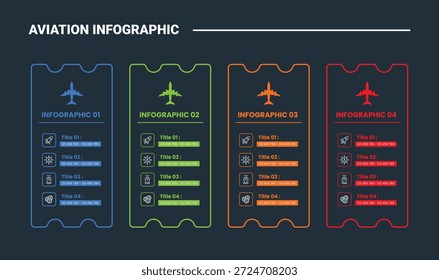Diagrama de proceso de infografía de aviación con caja de boletos Contenedor plano Vertical de pie con fondo oscuro Estilo de contorno brillante Vector de 4 puntos