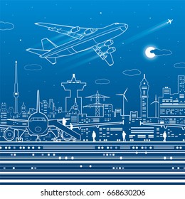 Aviation infrastructure. Airport scene, airplane fly, people get on the plane. Night city on background, vector design art