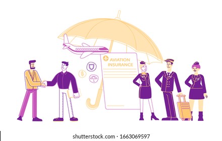 Aviation Insurance, Aircraft Industry, Airline Safety, Security and Money Compensation. Agent Shaking Hand to Client, Pilot and Air Hostess near Huge Umbrella Cartoon Flat Vector Illustration Line Art
