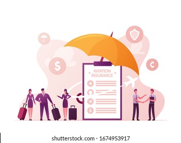 Aviation Insurance, Aircraft Industry, Airline Safety, Security. Agent Shaking Hand to Client Character, Pilot and Air Hostess at Huge Umbrella, Money Compensation. Cartoon People Vector Illustration