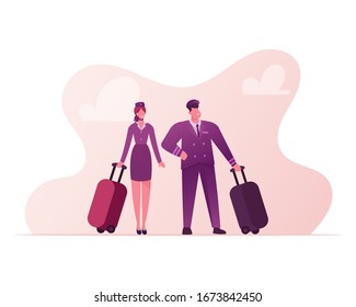 Aviation Insurance Concept. Pilot and Stewardess Characters with Luggage Prepare Flying on Airplane. Air Travel Protection Guarantee, Aircraft Crew Profession. Cartoon People Vector Illustration