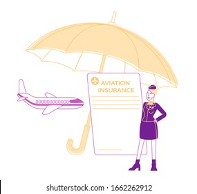 Aviation Insurance Concept. Stewardess Holding Paper Policy Document under Huge Umbrella and Flying Airplane. Air Travel Financial Guarantee Contract Cartoon Flat Vector Illustration, Line Art