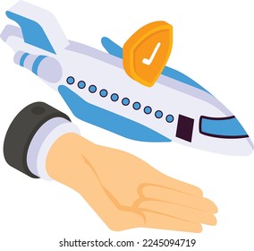 Aviation insurance isometric Concept, aeroplane with human hand stock illustration,Travel and Tourism coverage Vector Icon Design, Financial loss Protection Symbol, Risk management Sign