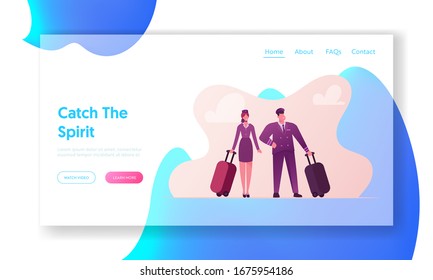 Aviation Insurance Landing Page Template. Pilot and Stewardess Characters with Luggage Prepare Flying on Airplane. Air Travel Protection, Aircraft Crew Profession. Cartoon People Vector Illustration