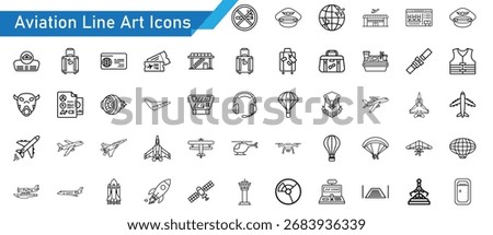 Aviation Line Art Icon Set - 50 Outline Airplane, Jet, Helicopter, Drone, Airport, and Flight Travel Vector Icons for Airline, Pilot, and Aerospace Design