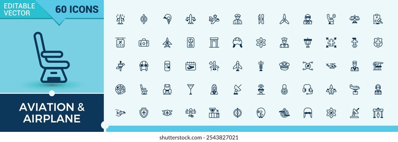 Kollektionen von Luftfahrtlinien-Symbolen. Verwandt mit Aktivitäten, Flugreisen, Fluggesellschaften, Flughäfen, Flugzeugen, Flugzeugen und mehr. Minimalistische Web- und UI-Symbole. Bearbeitbarer Strich. Vektorgrafik.