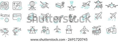 Aviation Line Icon Set - Plane, Control Tower, Ticket, Pilot, and Airport Stroke Icons.