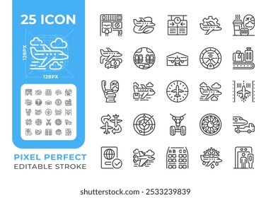 Aviation linear icons set. Air travel. Aviation technology. Travel services. Airport operations. Customizable thin line symbols. Isolated vector outline illustrations. Editable stroke