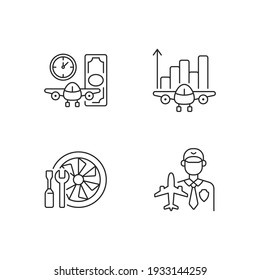 Aviation Linear Icons Set. Aircraft Maintenance. Aviation Security And Fligts Safety. Aircraft Rental. Customizable Thin Line Contour Symbols. Isolated Vector Outline Illustrations. Editable Strokes