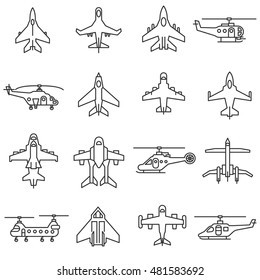 conjunto de iconos lineales de aviación. recogida de vehículos de vuelo