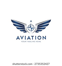 Aviation Logo Design with Blue Wings and Compass Icon. featuring stylized blue and silver wings with a central compass needle symbol. Professional vector icon for airlines, flight schools, travel agencies, or aerospace technology.