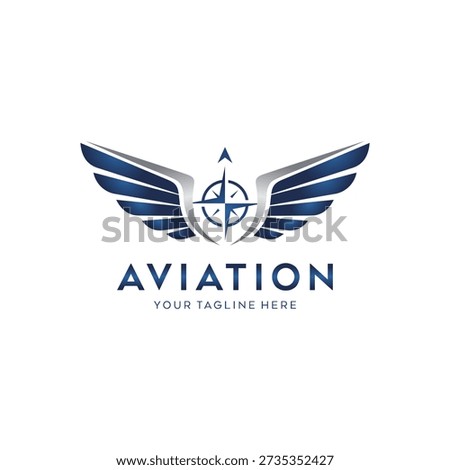 Aviation Logo Design with Blue Wings and Compass Icon. featuring stylized blue and silver wings with a central compass needle symbol. Professional vector icon for airlines, flight schools, travel agencies, or aerospace technology.