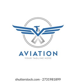 aviation logo design featuring a stylized blue eagle with wings forming the letter V. Professional corporate identity for airlines, flight schools, aerospace, or travel agencies. Vector illustration.