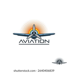 An aviation logo featuring an aircraft propeller set against a sunset background.