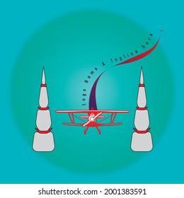 Aviation logo of an old Biplane aircraft passing in between two obstacles by twisting and turning. Air race icon idea with the flight path and curved text. air show event banner and poster design.