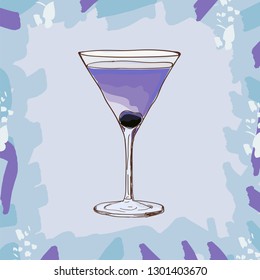 Aviation, low-alcohol cocktail illustration. Maraschino astringency, sourness of lemon and gin. Alcoholic classic bar drink hand drawn vector. Pop art