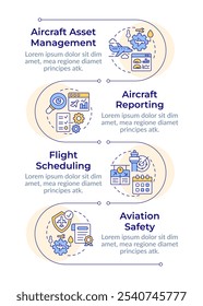 Aviation management control infographic vertical sequence. Maintenance, statistics. Visualization infochart with 4 steps. Circles workflow