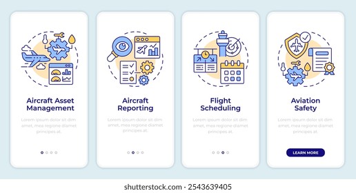 Tela de aplicativo móvel onboarding de gerenciamento de aviação. Passo a passo 4 passos instruções gráficas editáveis com conceitos lineares. UI, UX, modelo de GUI