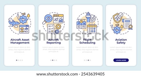 Aviation management onboarding mobile app screen. Walkthrough 4 steps editable graphic instructions with linear concepts. UI, UX, GUI template