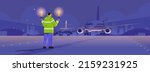aviation marshaller with light sticks near aircraft air traffic controller airline worker in signal vest professional airport staff