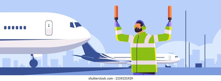 aviation marshaller supervisor near aircraft air traffic controller airline worker in signal vest professional airport staff