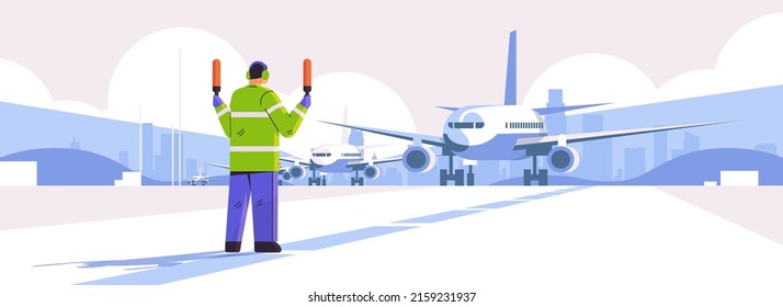 aviation marshaller supervisor near aircraft air traffic controller airline worker in signal vest professional airport staff
