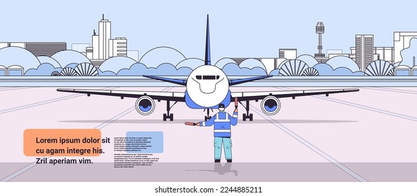 aviation marshaller supervisor near aircraft air traffic controller airline worker in signal vest professional airport staff