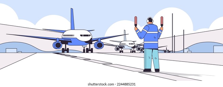 aviation marshaller supervisor near aircraft air traffic controller airline worker in signal vest professional airport staff