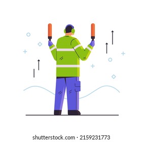 aviation marshaller supervisor signaling near aircraft air traffic controller airline worker in signal vest professional airport staff