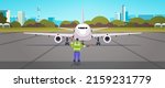 aviation marshaller supervisor in uniform signaling near aircraft air traffic controller airline worker in signal vest professional airport staff