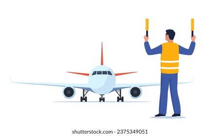 Aviation marshaller in uniform navigate with light sticks. Air traffic controller in signal vest at aircraft runway. Airplane landing. Airport crew. Standing man with sticks. Vector illustration