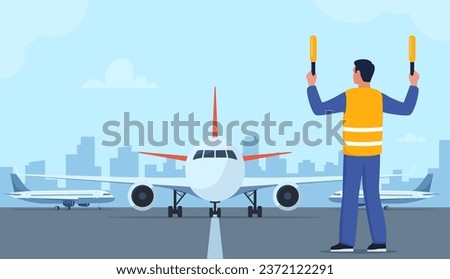 Aviation marshaller in uniform navigate with light sticks. Air traffic controller in signal vest at aircraft runway. Airplane landing. Airport crew. Standing man with sticks. Vector illustration