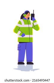aviation marshaller using walkie talkie woman air traffic controller airline worker in signal vest professional airport staff