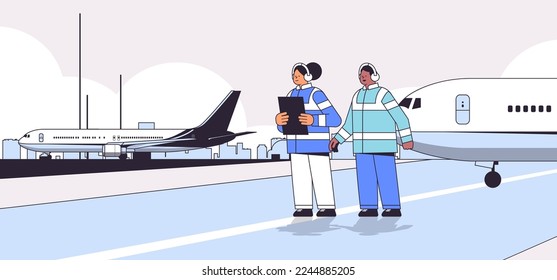 aviation marshallers supervisors near aircraft air traffic controllers airline workers in signal vests professional airport staff concept