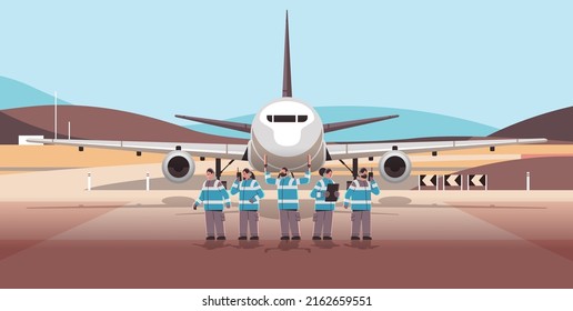 aviation marshallers supervisors team near airplane air traffic controllers airline worker in signal vests professional airport staff