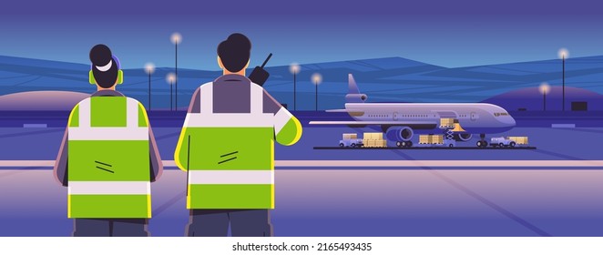 aviation marshallers using walkie talkie air traffic controllers airline worker in signal vests professional airport staff