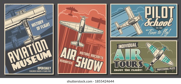 Aviation museum, flight school and air tour retro banners. Airplanes history exhibition, air show and pilot academy, airline travel posters. Antique biplane and monoplane flying in sky sketch vector