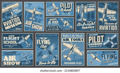 Aviation museum, flying school and air tours vintage banners. Retro aircraft show, airline delivery service, pilots club and courses posters. Propeller monoplane, biplane airplanes vector banners