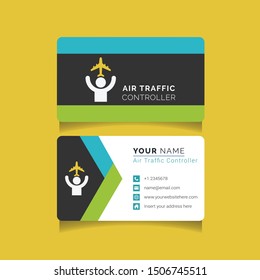 Aviation name card template vector for pilot and air traffic controller. This flight company business template include tower icon, controller, and other aviation icon and illustration. 